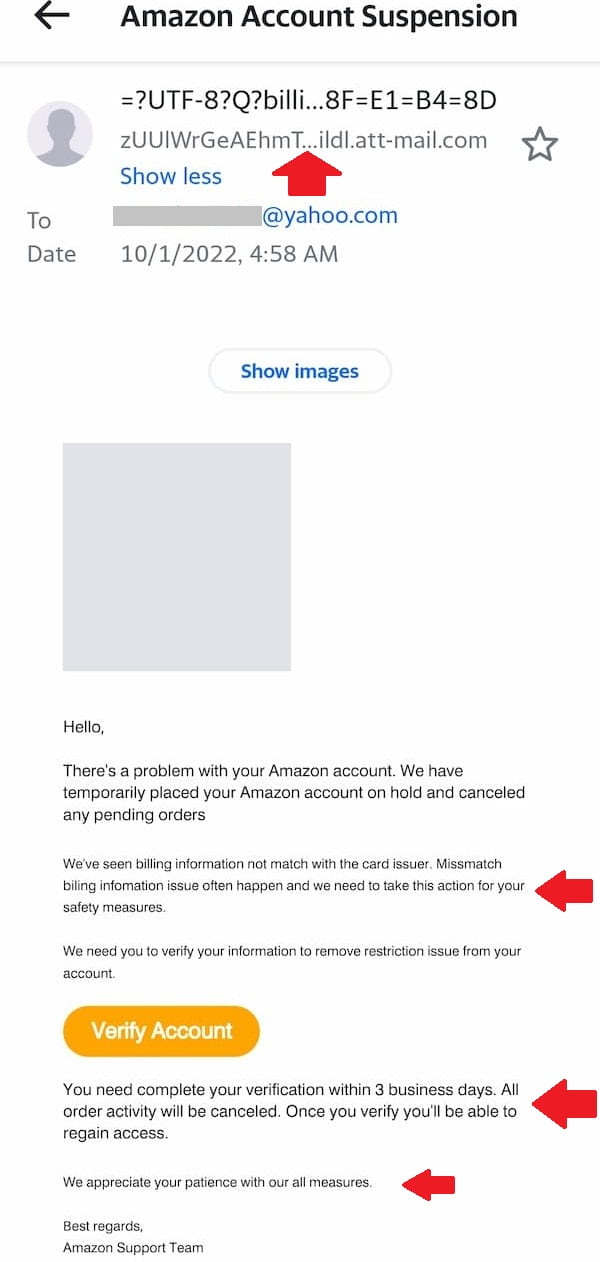 A screenshot of a fake, phishing email made to look like it is from Amazon with arrows pointing to how you can tell it is fake.