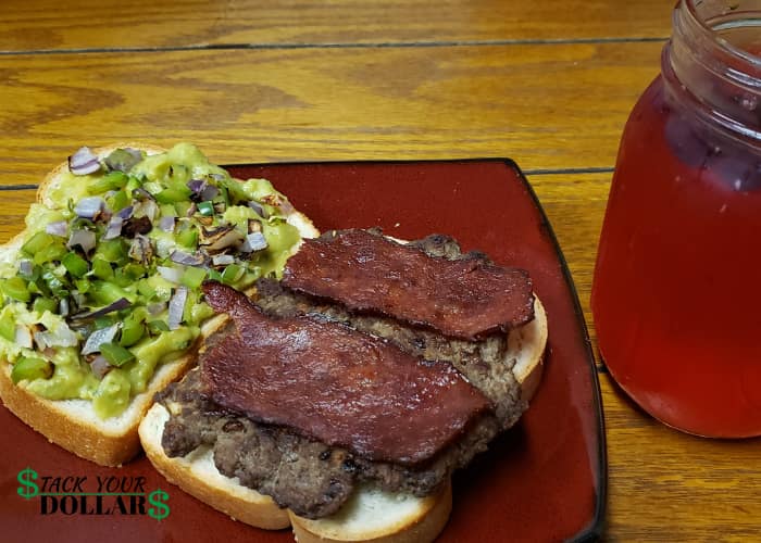 Burger with guac and water kefir