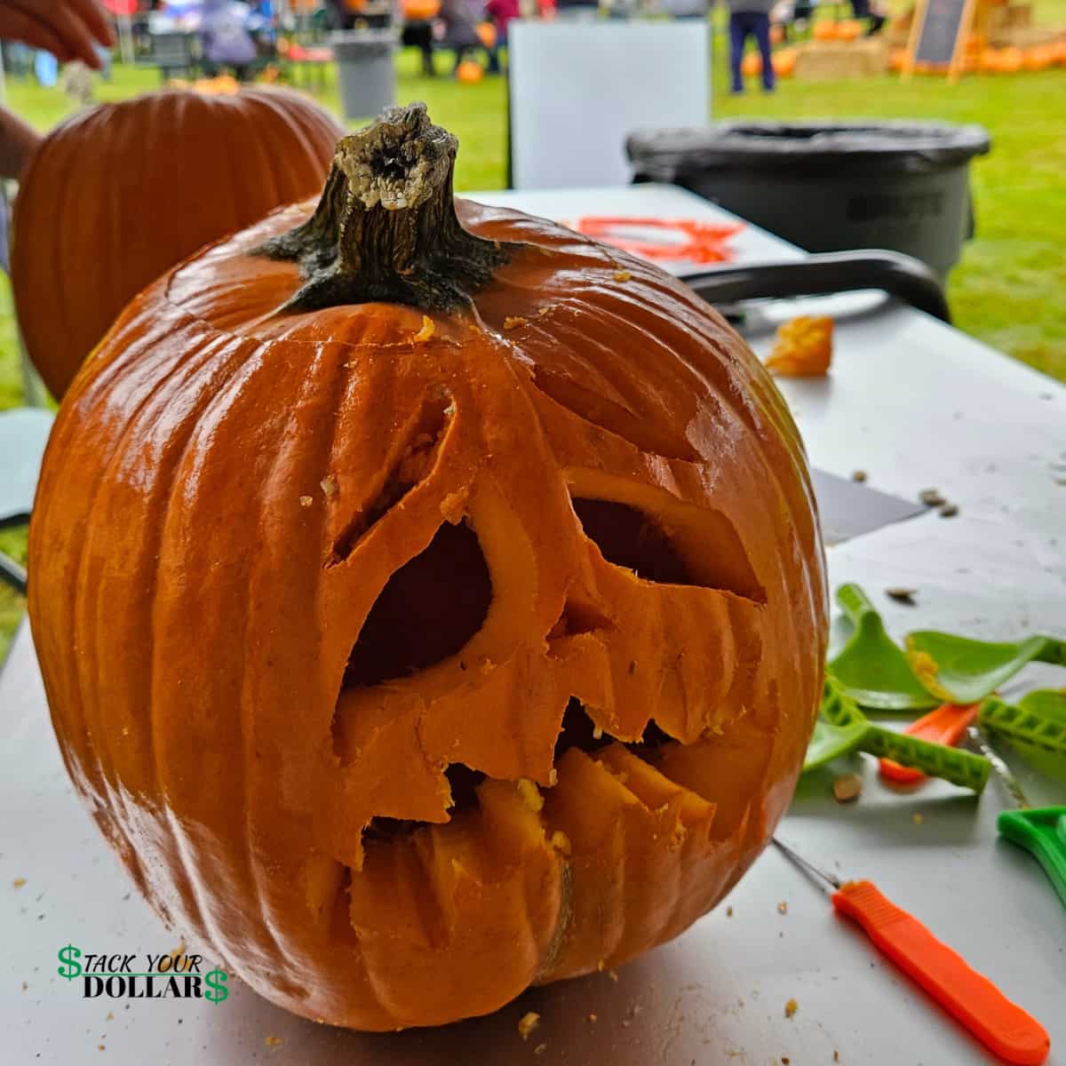 A carved scared pumpkin face