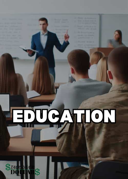 Title of "Education" over a background of students and a teacher in a classroom with one student in military camos