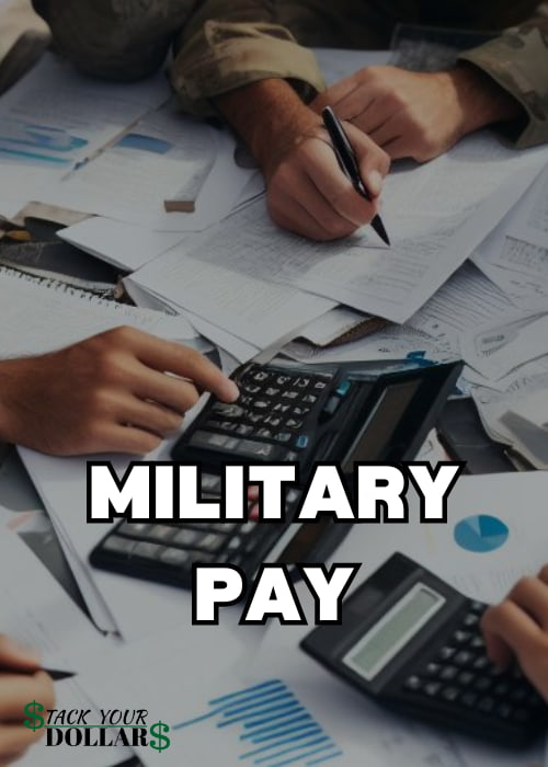 Title of "Military Pay" over a background of multiple hands in a military uniform doing calculations
