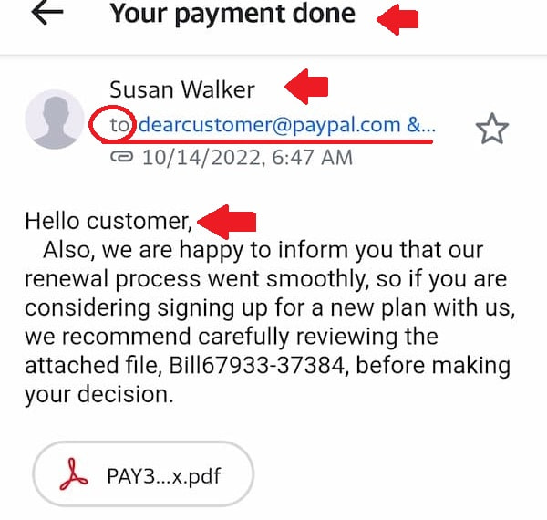 A screenshot of an email from someone posing to be with the company, PayPal.
