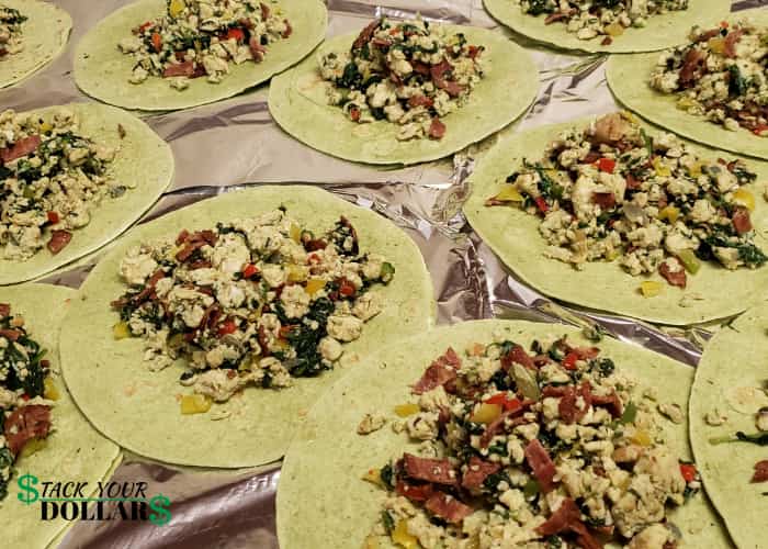 Spinach wraps with eggs, spinach, and turkey bacon
