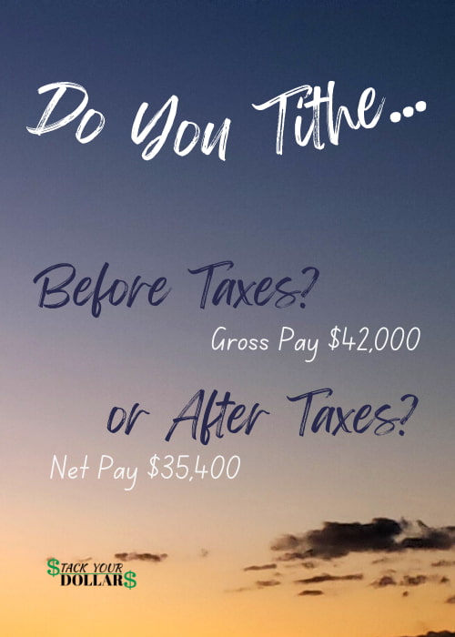 Text on sunset background: "Do You Tithe Before Taxes Or After Taxes?"